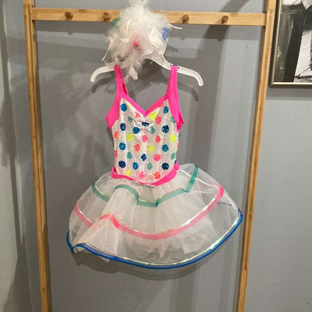 Custom made recital dress with feather head piece